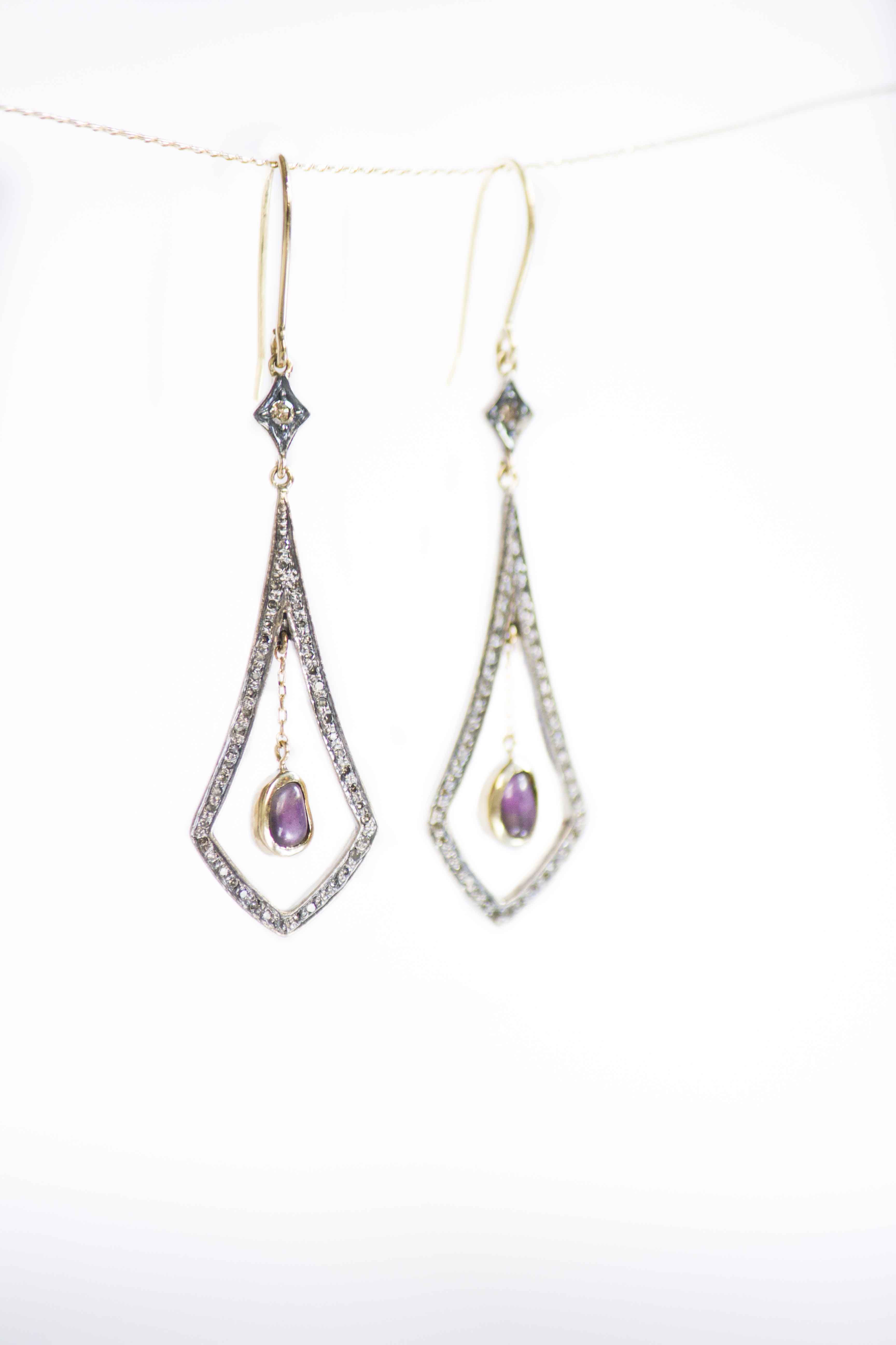 spinel drop earrings Fine drop earrings in 14k yellow gold with diamond pave and rough spinels