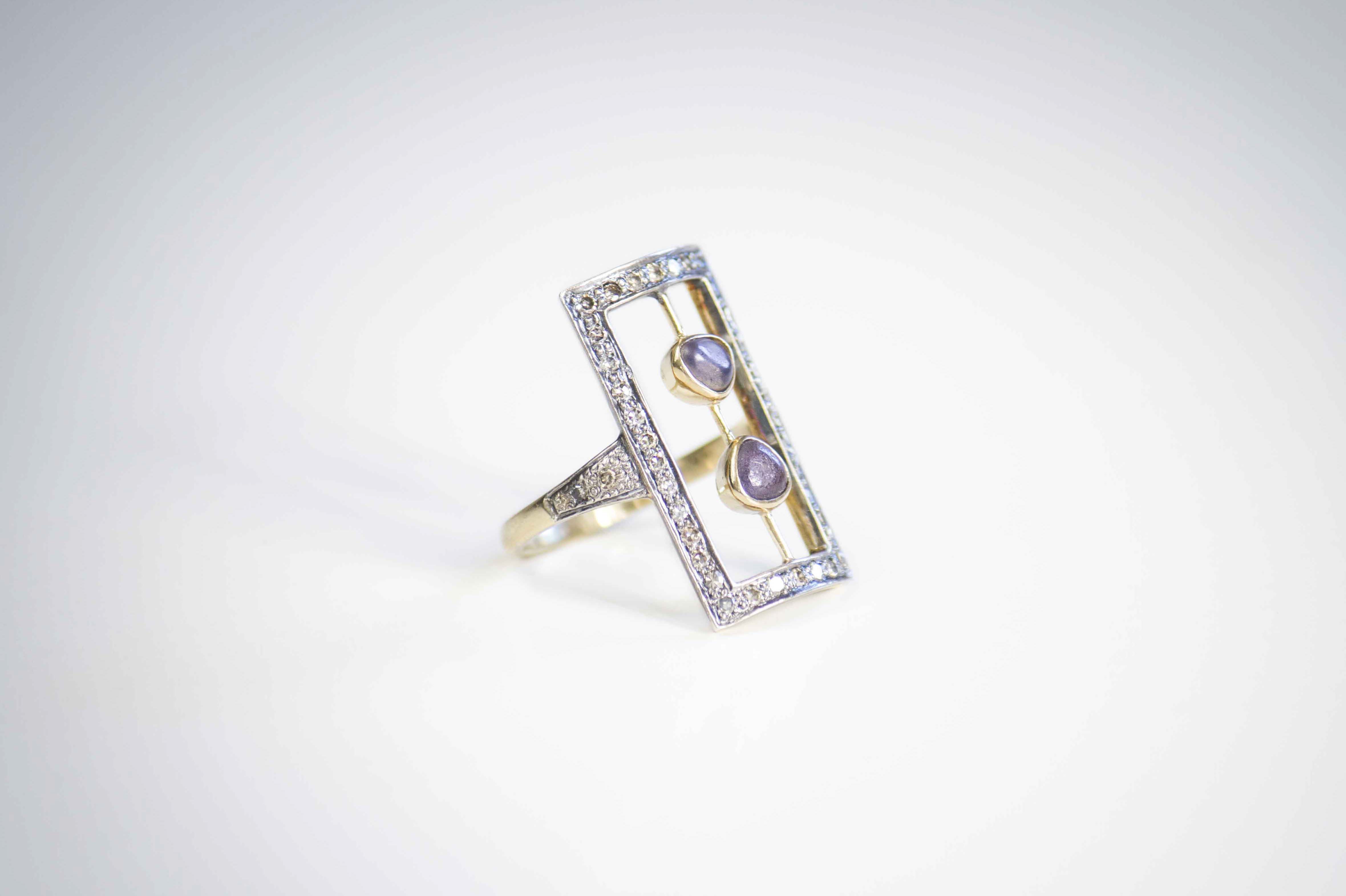 Deco diamonds ring Deco style ring crafted in yellow gold with diamond pave and rough spinels